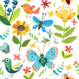 Pattern in children's style with flowers, butterflies and birds on a white background. For fabric design, wallpaper and more.