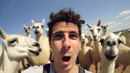 b'Man surrounded by curious llamas'