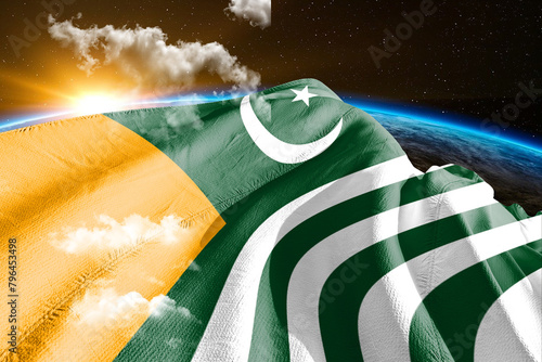 Kashmir national flag cloth fabric waving on beautiful night global cloud Background. photo