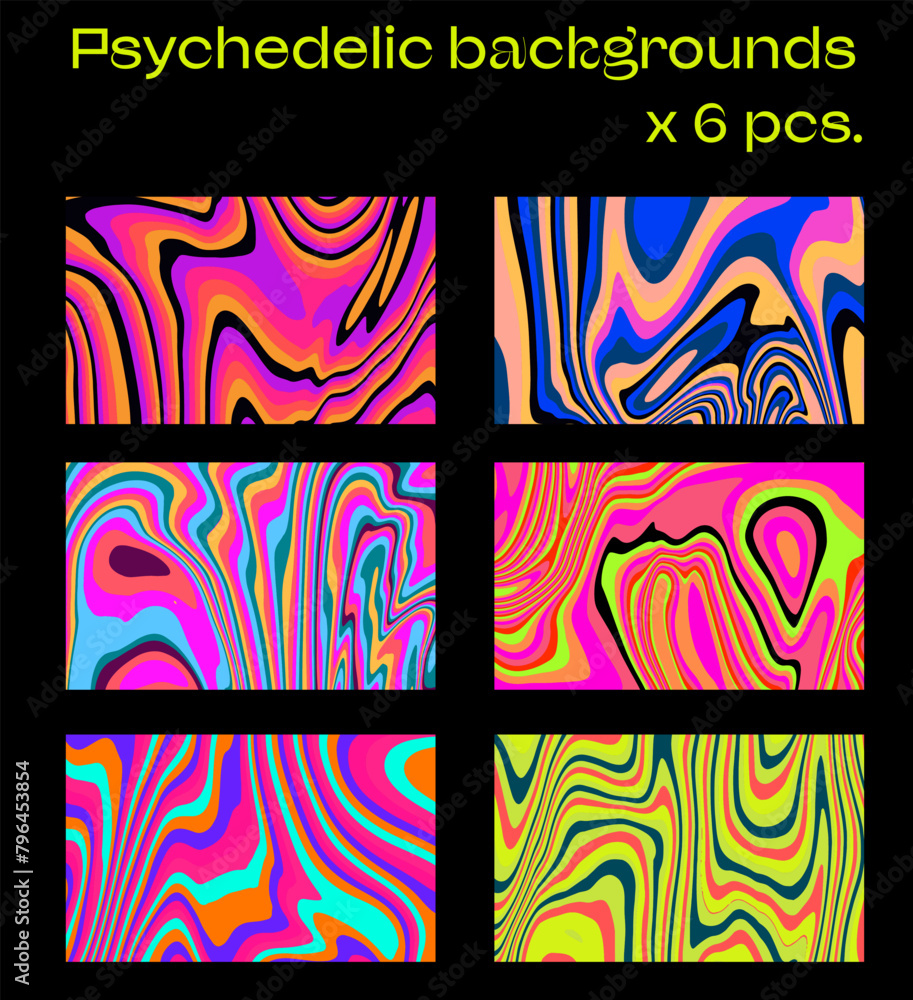 Big set of psychedelic neon backgrounds with wavy op-art pattern. Big set of psychedelic neon backgrounds with wavy op-art pattern.