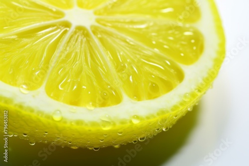 b'Close-up photo of a lemon wedge with water droplets on the edge'