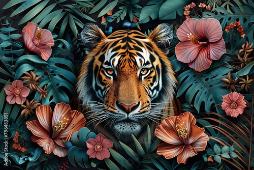 surreal art, Jungle, tropical illustration. Tiger, parrots, palm trees, flowers. Safari wild African animals. Amazon forest animal illustration on wallpaper for kids room, interior design. mural art.