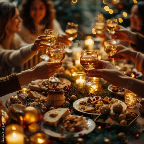 b'Friends and family toasting wine glasses at Christmas dinner table'