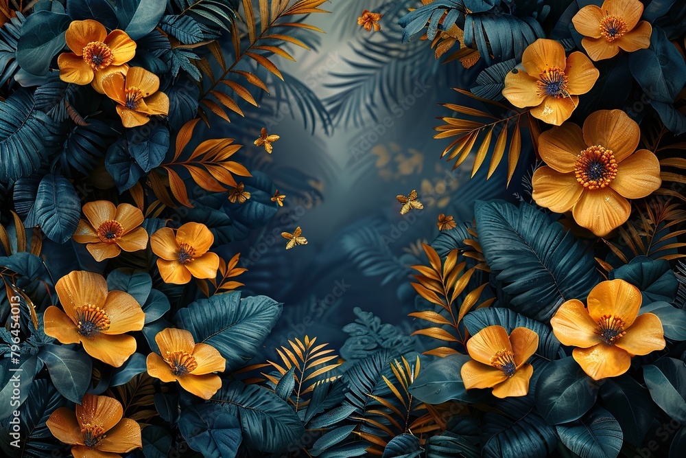 jungle wallpaper. Bright jungle with ferns and gold flowers. For design game and websites.