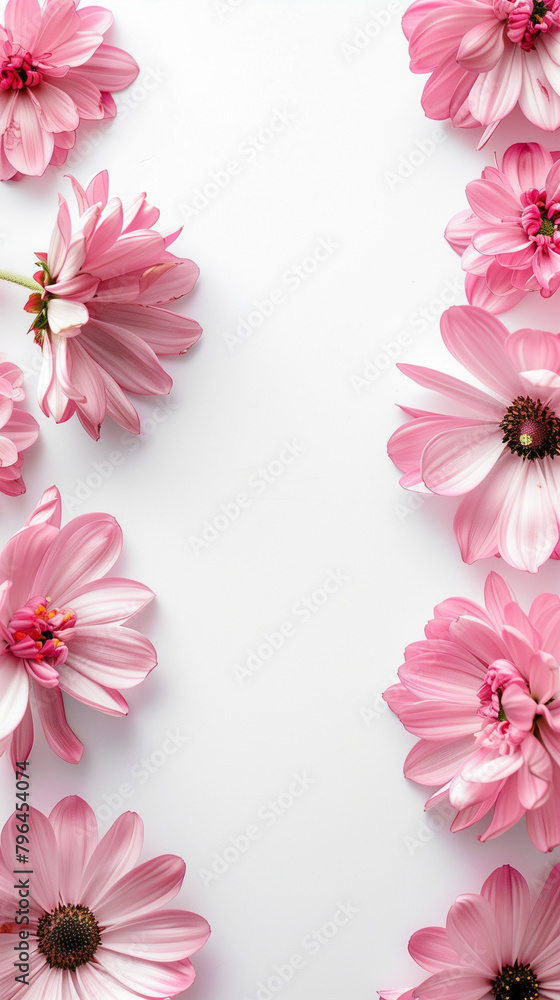 A vertical image showcasing pink flowers on one side, leaving ample copy space on white background Perfect for invitations A vertical image showcasing pink flowers on one side, leaving ample copy space on white background Perfect for invitations