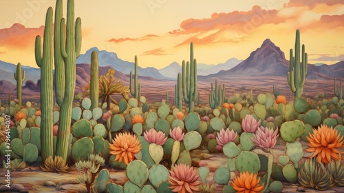 Illustration of a Lush Desert Scene with Cacti and Mountainous Backdrop at Twilight photo