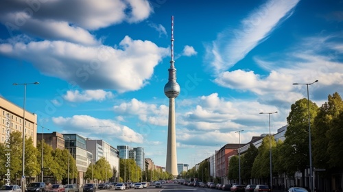 b'A wide shot of the Fernsehturm Berlin with cars on the road and trees on either side' photo
