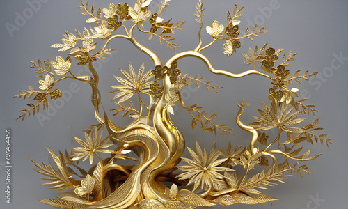 Fantasy illustration. Illustration for the interior. Present. Money Tree. Gold, coins. Golden tree in kirigami style. © Tatfedor