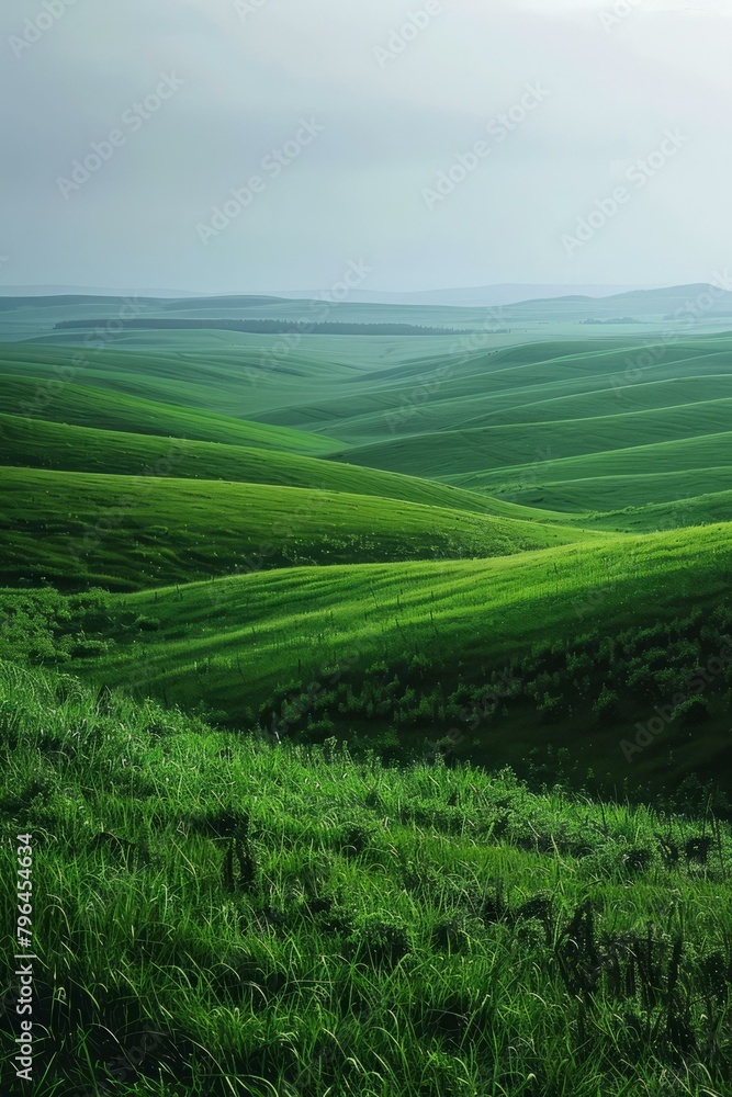 b'Green rolling hills landscape with a blue sky'