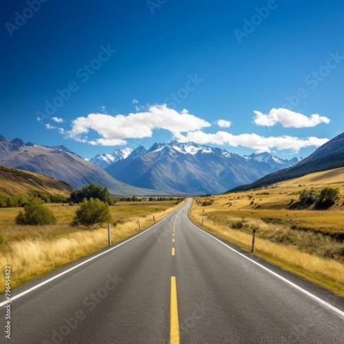 b'Road through rural New Zealand landscape with mountains in distance'