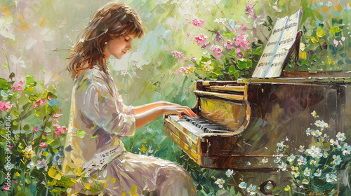 Serene oil depiction of a girl playing piano in a garden, with the setting blending blooming flowers and soft greenery.