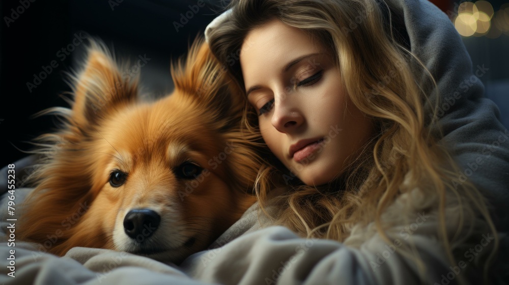 b'Young woman sleeping with her dog' b'Young woman sleeping with her dog'