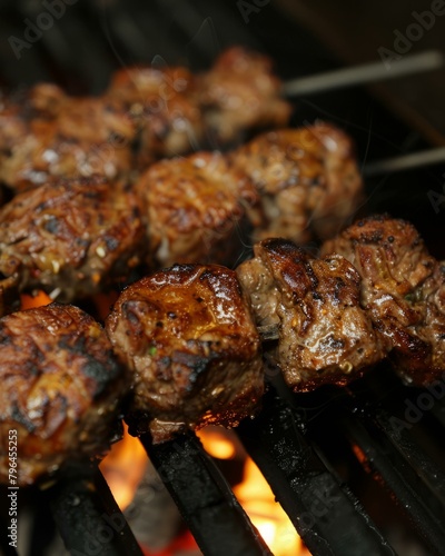 b'Beef tenderloin skewers grilled on a barbecue'