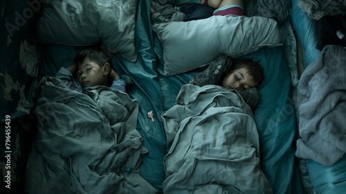 Kids sleeping on a dirty mattress in a crowded shelter.