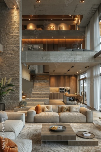 b'Modern interior design living room with stone wall and wooden staircase'