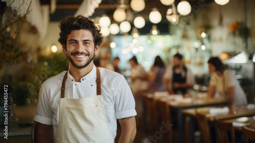 b'Portrait of a happy chef standing in a restaurant' photo