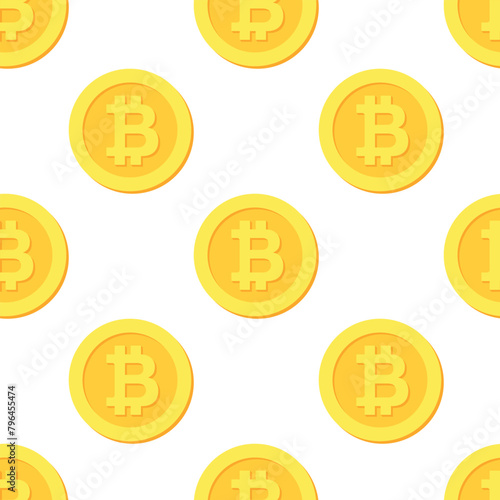 Bitcoin money vector seamless pattern. Gold coins with BTC symbols on white background.