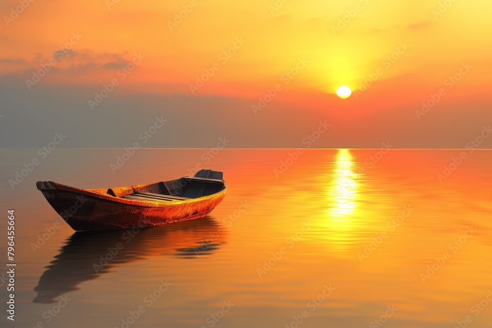 Tranquil sunset ocean scenery with empty wooden rowboat on serene and placid waters Tranquil sunset ocean scenery with empty wooden rowboat on serene and placid waters
