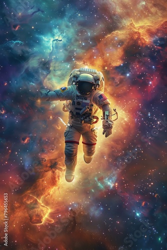 b'Astronaut in spacesuit floating in the vastness of space'