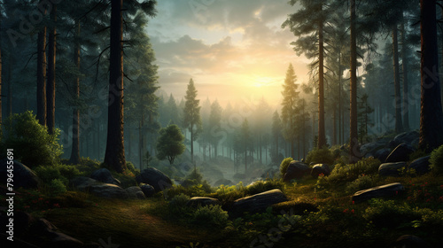 background design with a focus on the tranquility of a forest at sunrise, 