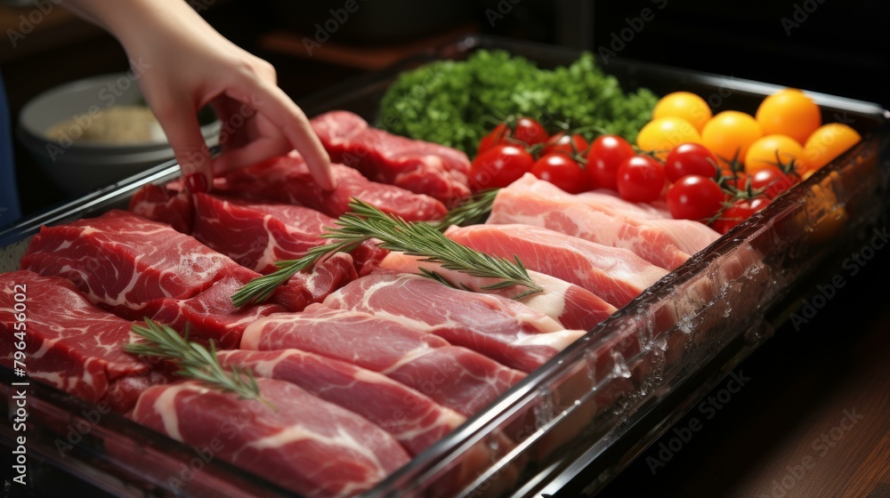 b'Raw meat and vegetables'