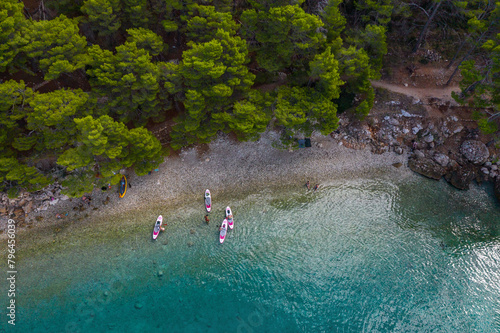 Aerial drone view . Beautiful coastline. The shore is covered with pine trees. Tourists ride on swimming boards, SUP. top view. Croatia. Makarska Riviera