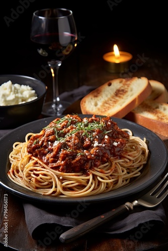 b'A delicious plate of spaghetti with a glass of red wine'