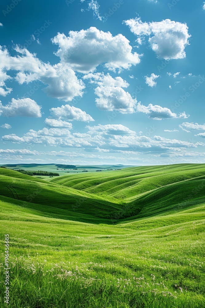 b'Grasslands undulate beneath a cerulean sky'