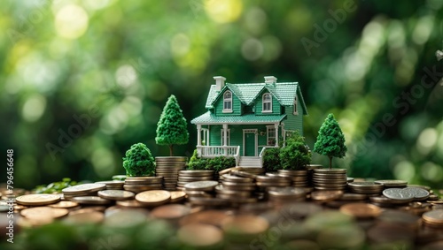A green house sits on a pile of pennies in front of an out of focus green background.