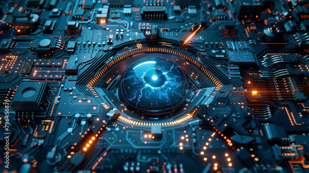 Futuristic circuit board design featuring a glowing eye at its cybernetic center