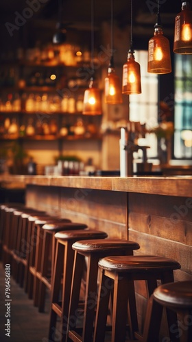 b Empty bar stools in front of a wooden bar counter 