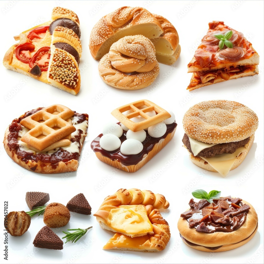Various pastries, breads, and a burger on a white background Various pastries, breads, and a burger on a white background