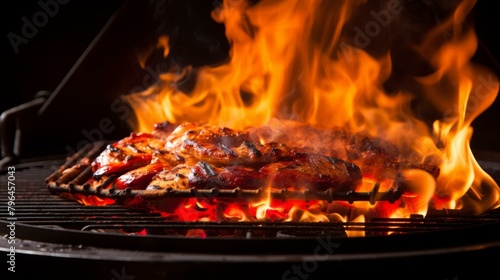 b'Grilled chicken on a flaming grill'