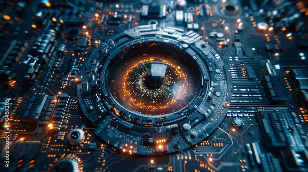 The cybernetic center of the circuit board illuminated by a glowing eye symbolizing futuristic technology