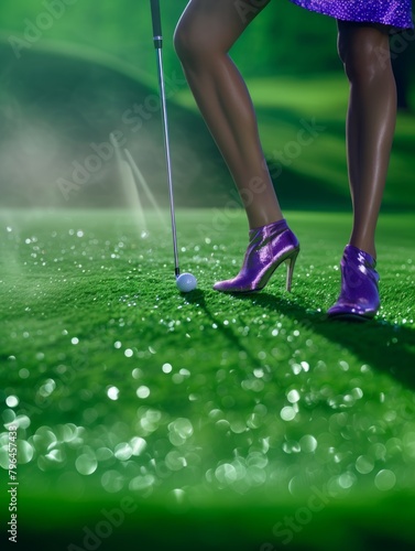 Golf player on green golf course. Close-up shot of female legs in purple shoes.