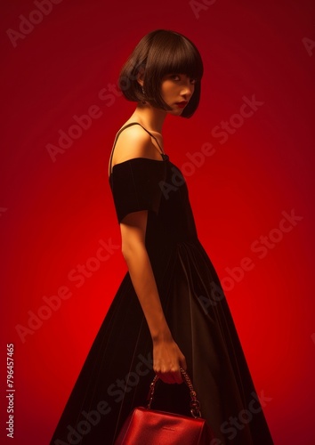 Fashion shot of a beautiful woman in black dress posing in studio.