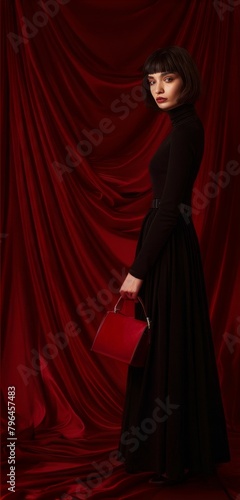Beautiful young woman in a black evening dress with a red clutch.
