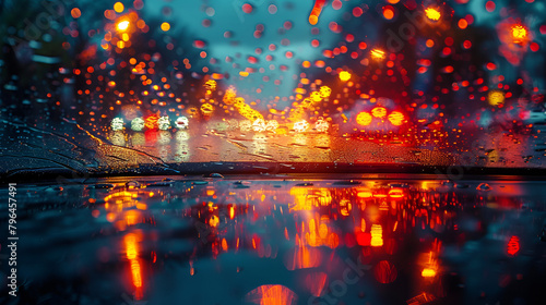 A Splash of Colored Paint on the Windshield, Evening commute Rainy weather on roads city lights creating bokeh 