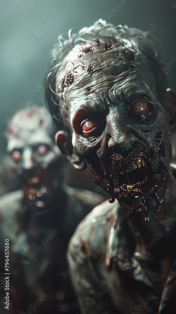 Capture the eerie suspense of a frontal view of zombies picking their victims with uncanny realism in a hyper-realistic digital artwork