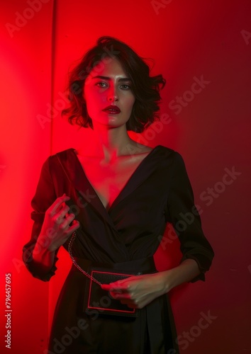 Fashion portrait of young beautiful woman in black dress. Red light.