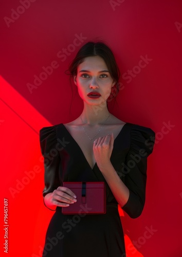 beautiful girl in a black dress with a red box in her hands