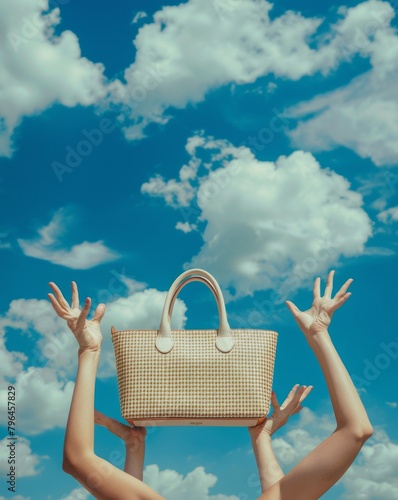 Woman hands holding a rattan bag on blue sky with clouds background.