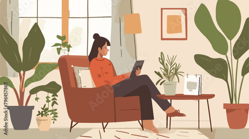 Home office concept woman working from home sitting