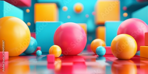 b'Pink and yellow balls in a colorful 3D environment'