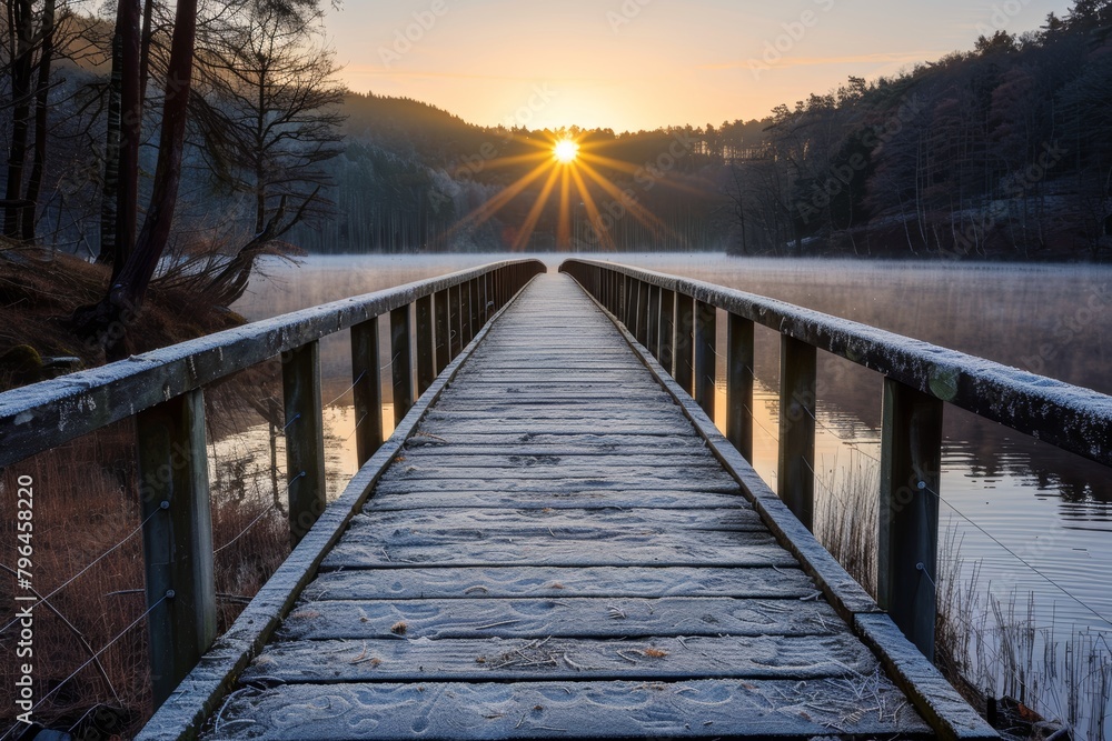 Tranquil mist veils wooden bridge on calm lake amidst trees for serene sunrise scene