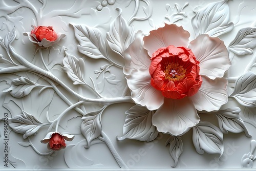 Red decorative volumetric peony flower on the background of a decorative wall photo