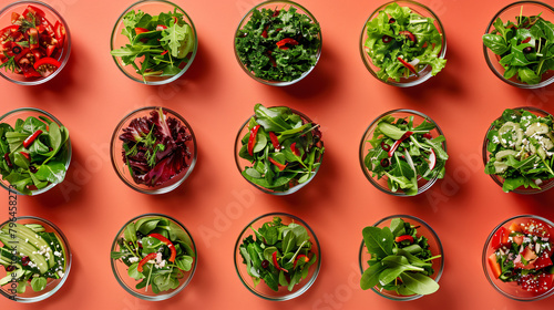 Set of healthy leaf salads on color background top view