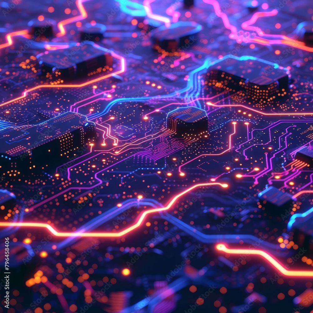 b'A glowing circuit board with blue and pink neon lights' b'A glowing circuit board with blue and pink neon lights'
