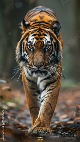 b A fierce tiger is walking in the forest 
