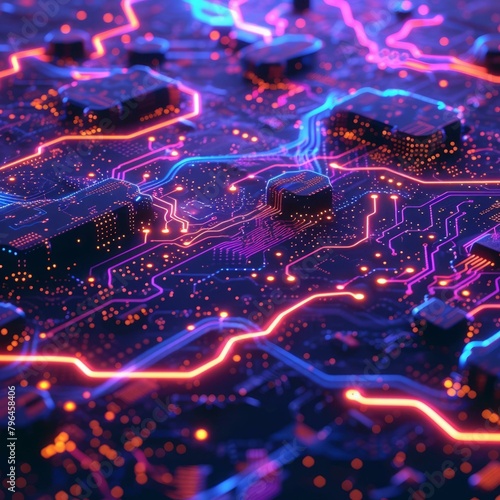 b'A glowing circuit board with blue and pink neon lights' photo